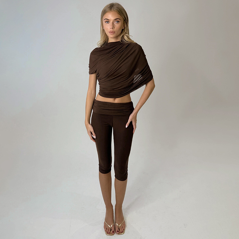 Women Spring Sexy Draped Top and Capri Pants Two-Piece Set