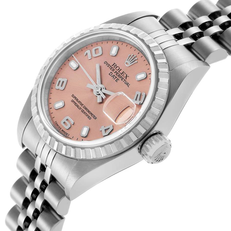 Rolex Date Salmon Dial Engine Turned Bezel Steel Ladies Watch 79240
