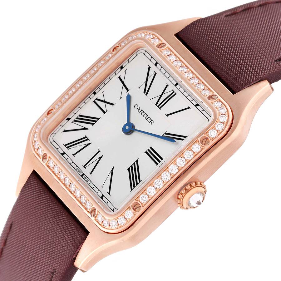 Cartier Santos Dumont Rose Gold Silver Dial Diamond Mens Watch WJSA0018