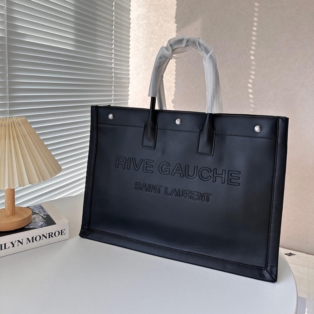 Saint Laurent Rive Gauche Large Tote Bag In Glazed Leather Black 48Cm 587273Aacp21000