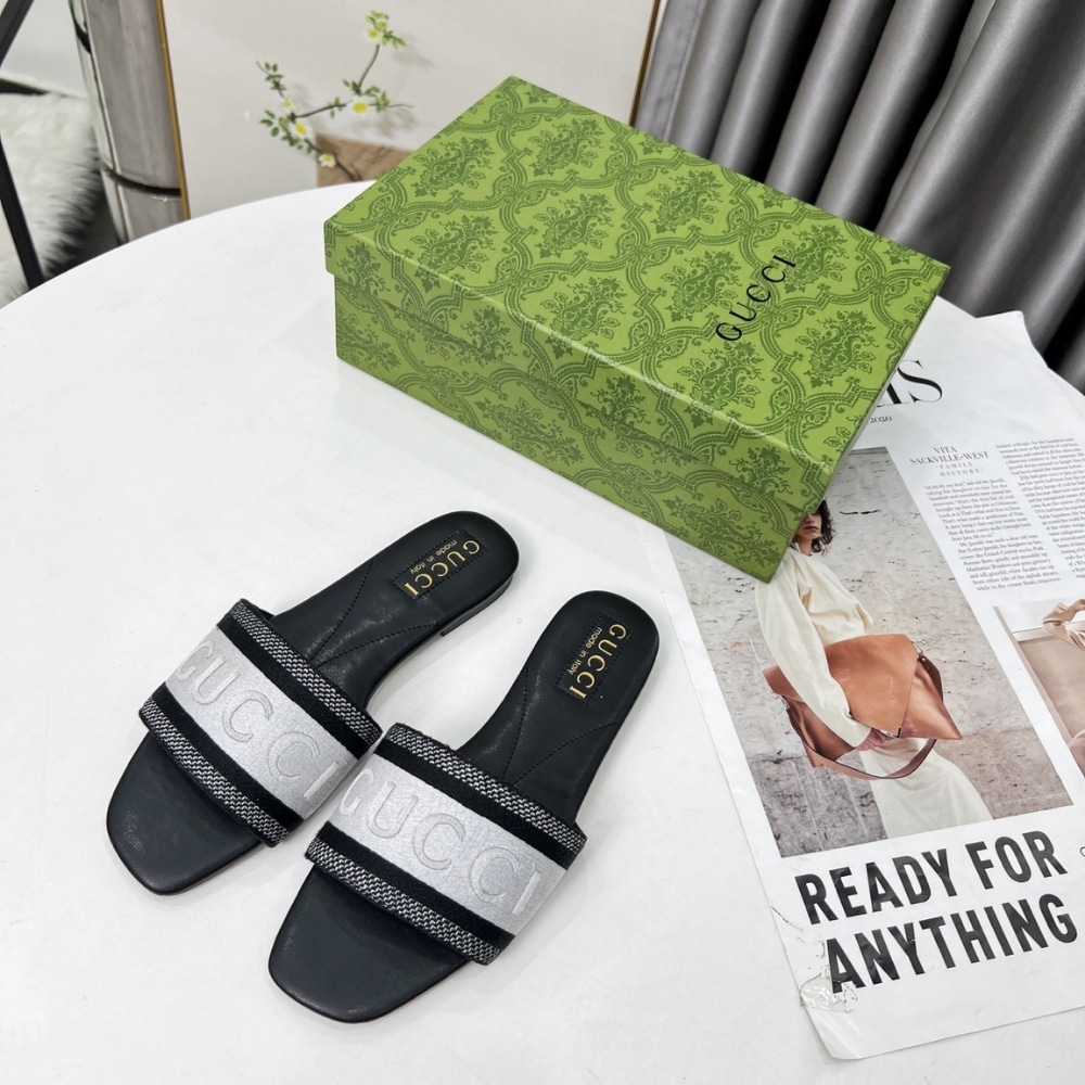 Gucci Women Slide Sandal With Web Black And White 817564 FAECG 8843