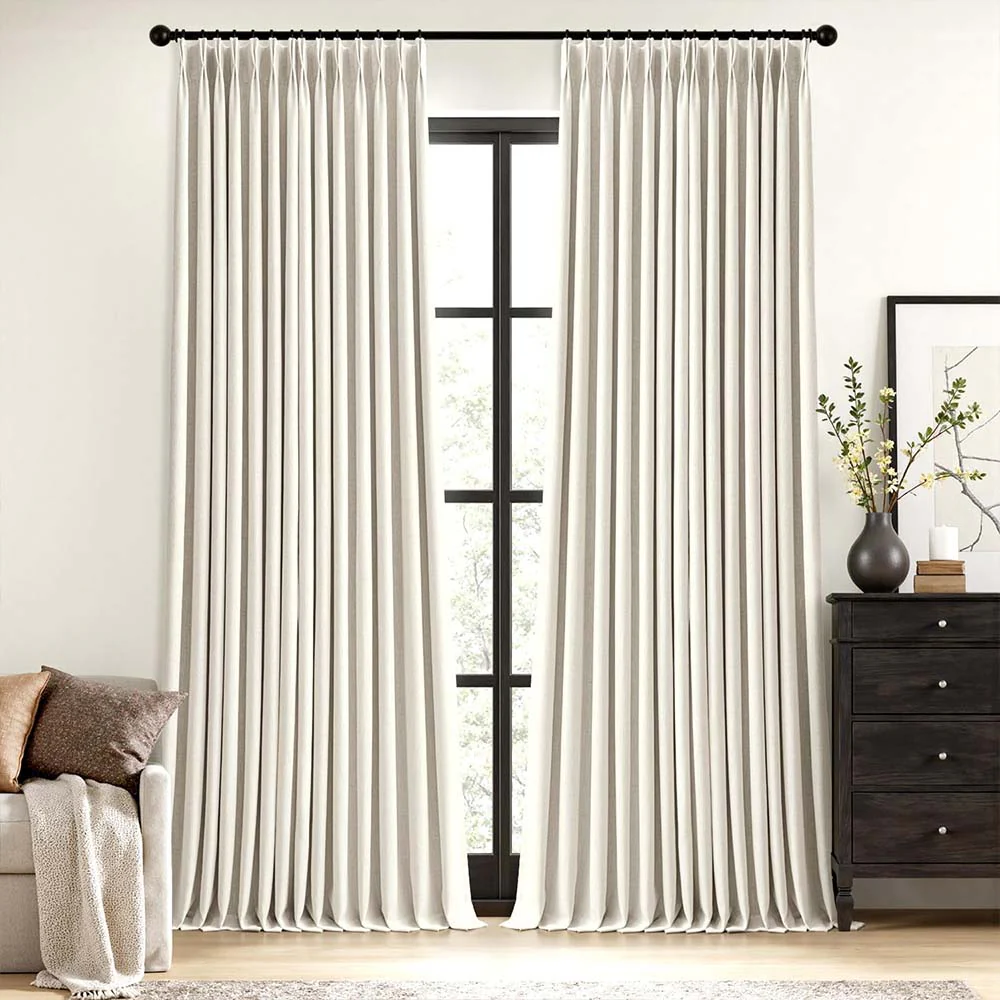 Natural Pinch Pleated 100% Blackout Linen Curtains (2 Panels)