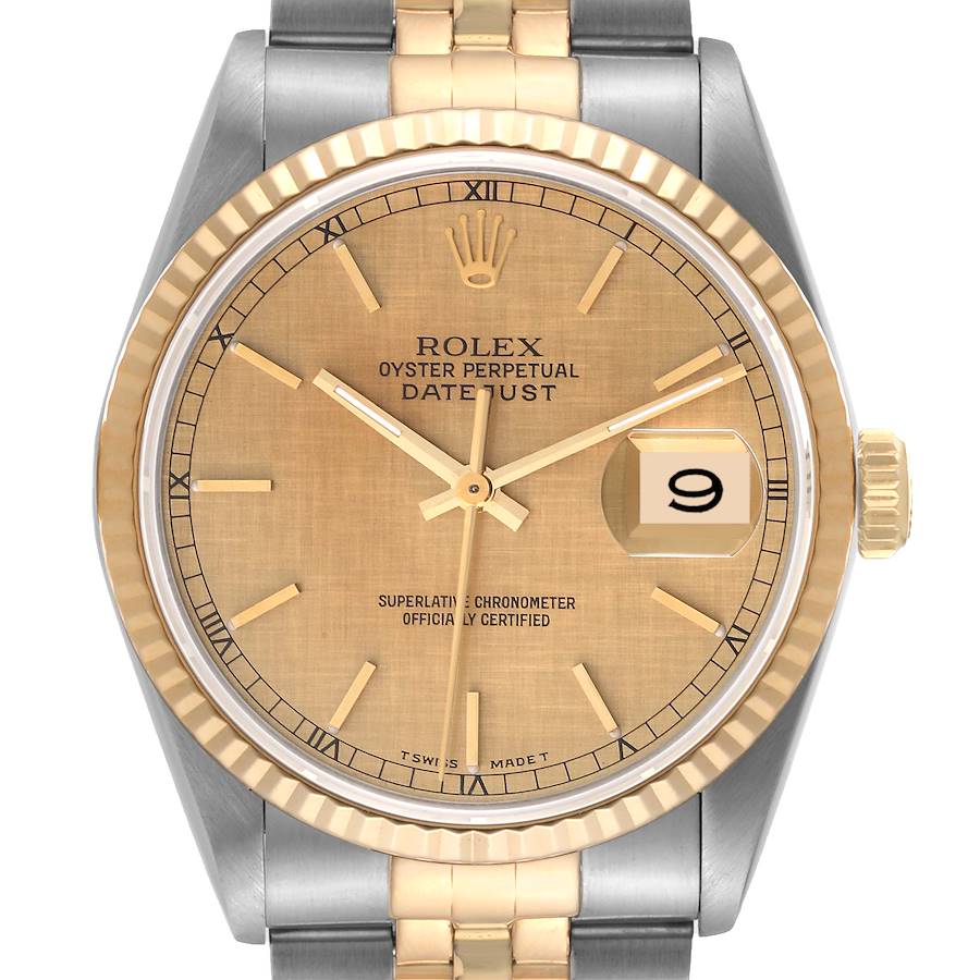Rolex Datejust Steel Yellow Gold Champagne Linen Dial Mens Watch 16233