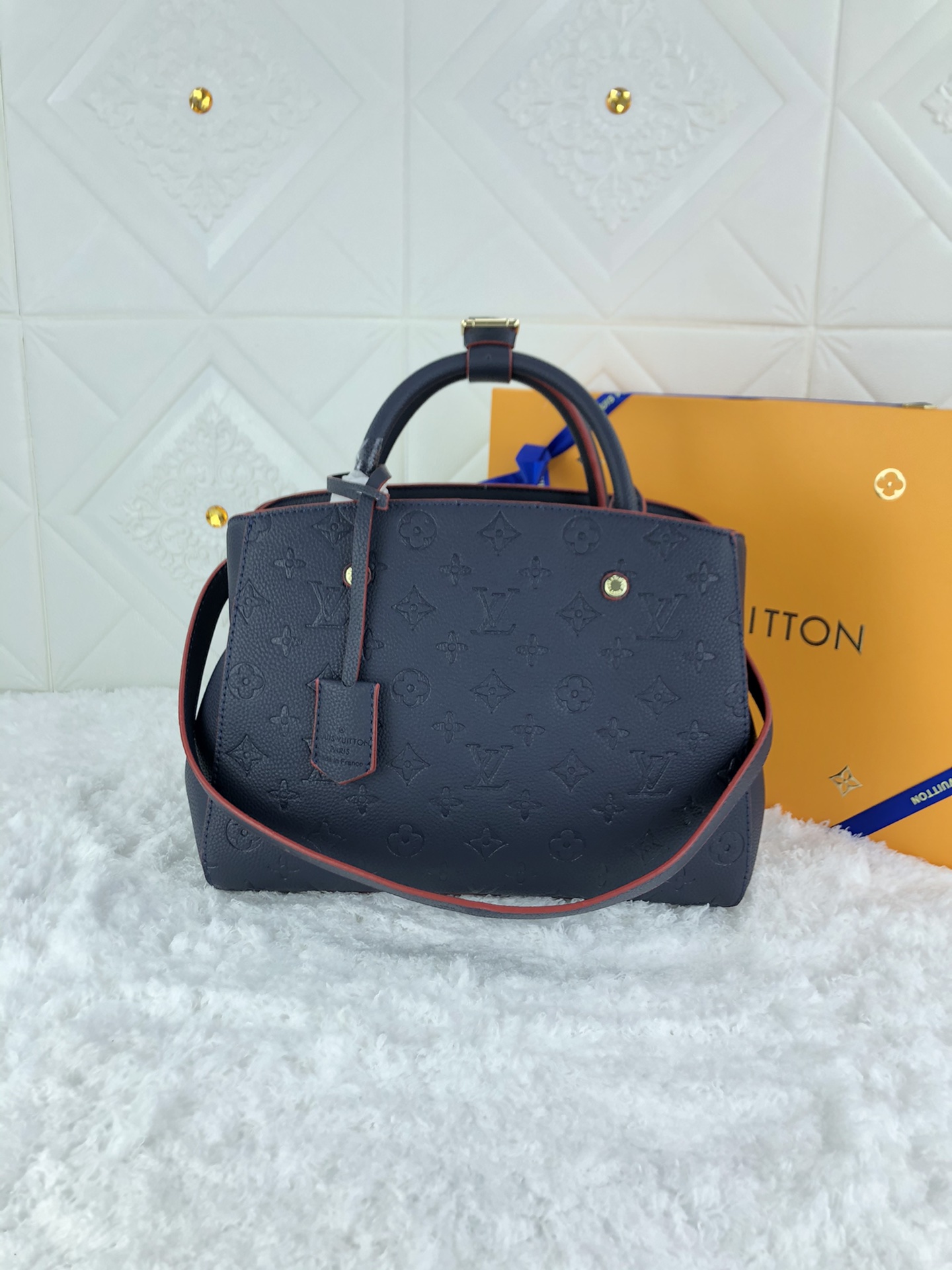 Louis Vuitton Montaigne MM Monogram Empreinte Leather Navy Blue 33Cm M42746