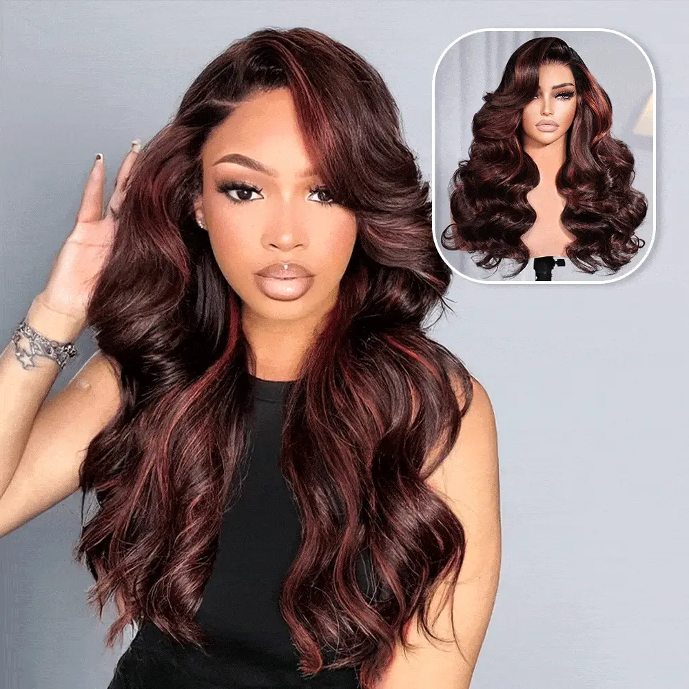 Megalook 6x5 Invisible Knots Glueless Natural Black With Highlights Body Wave Wigs Pre-cut Lace Beginner Friendly