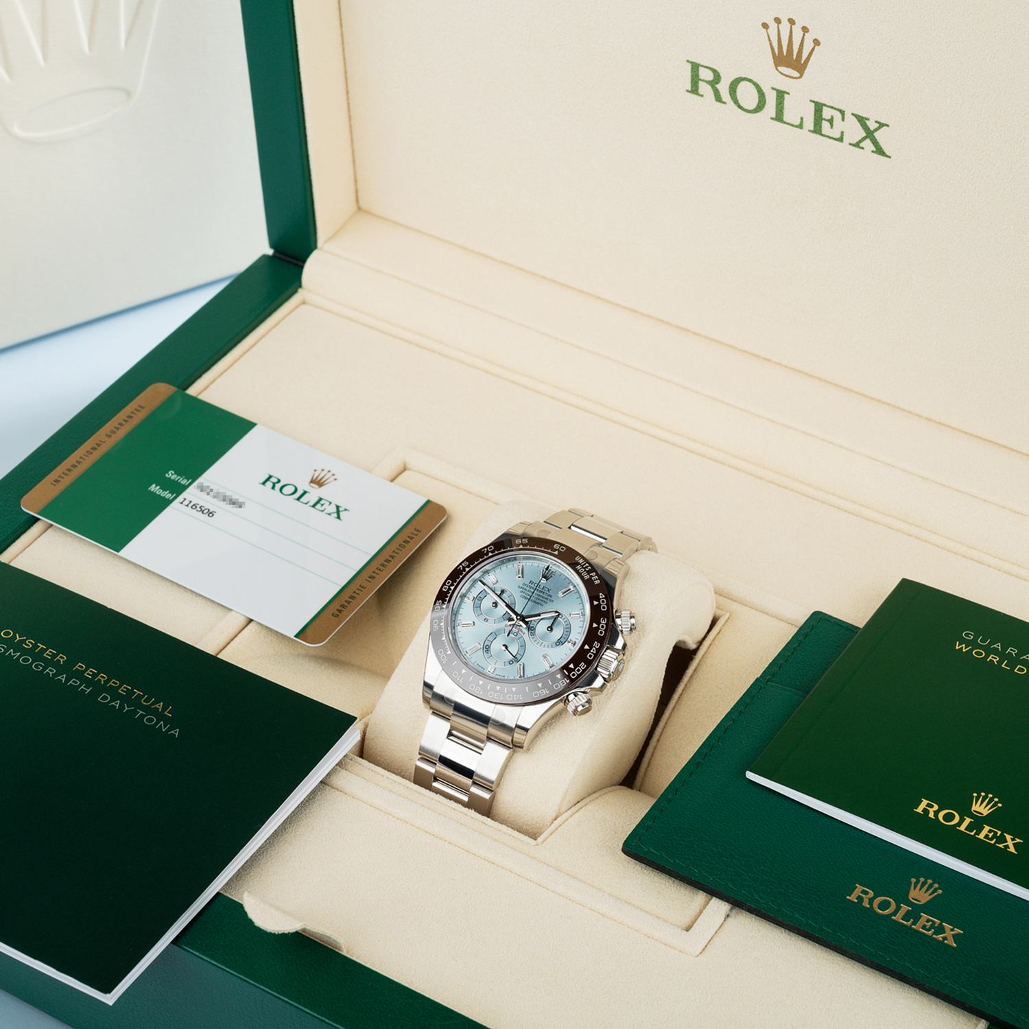 Rollie-The Crown Cosmograph Daytona 40mm Platinum Ice-Blue Dial m116506-0002 Unworn