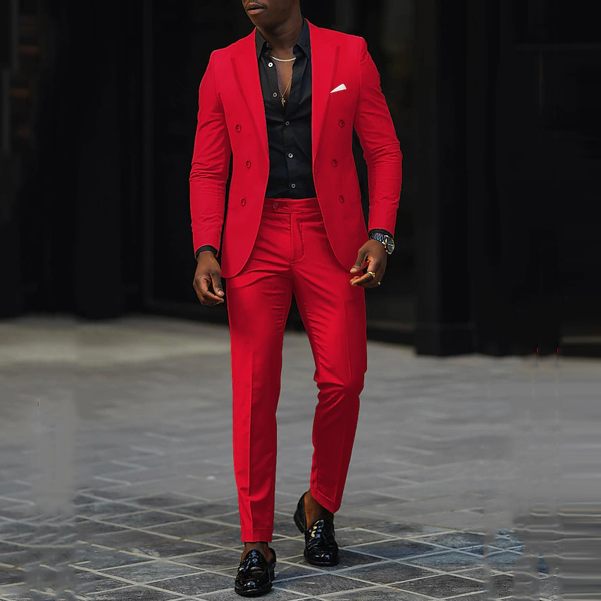 Men's Business Solid Double Breasted Chest Pocket Blazer & Pants 2Pcs Set