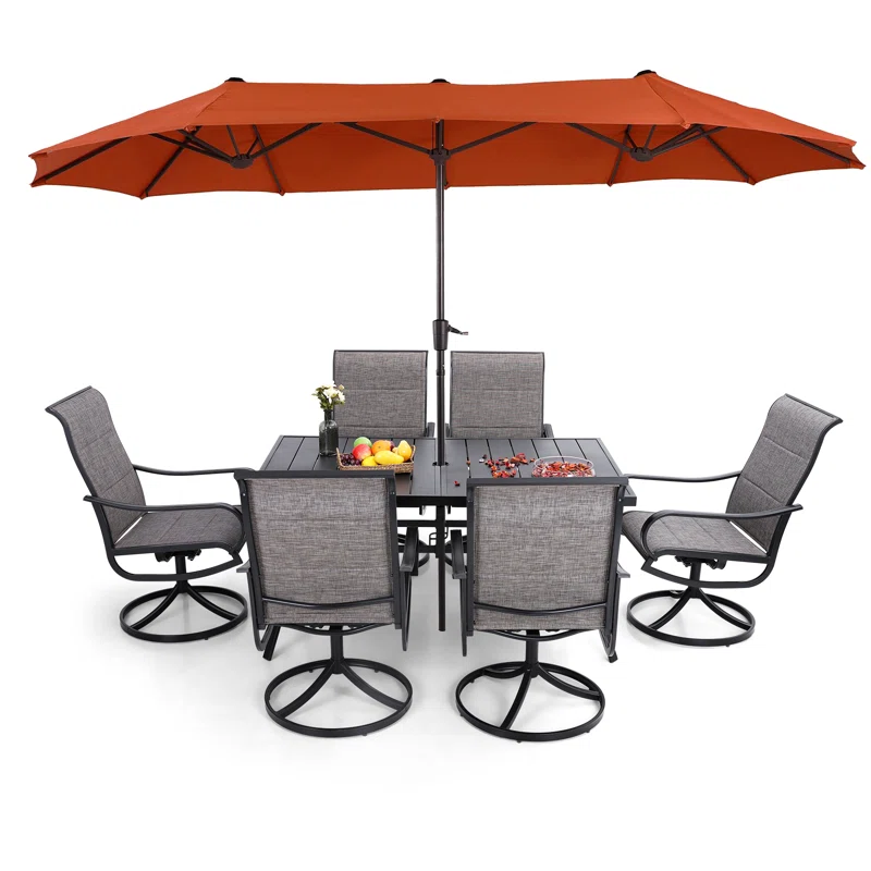 8 Pieces Patio Dining Set with Umbrella,Outdoor Furniture Set with 6 Sling Dining Swivel Chairs