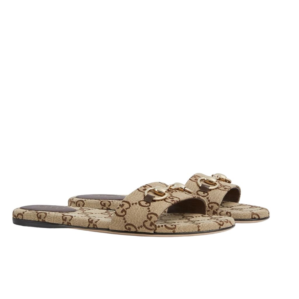 Gucci Women’s Slide Sandal With Horsebit Beige And Dark Brown GG Canvas 835828 FAB10 2543