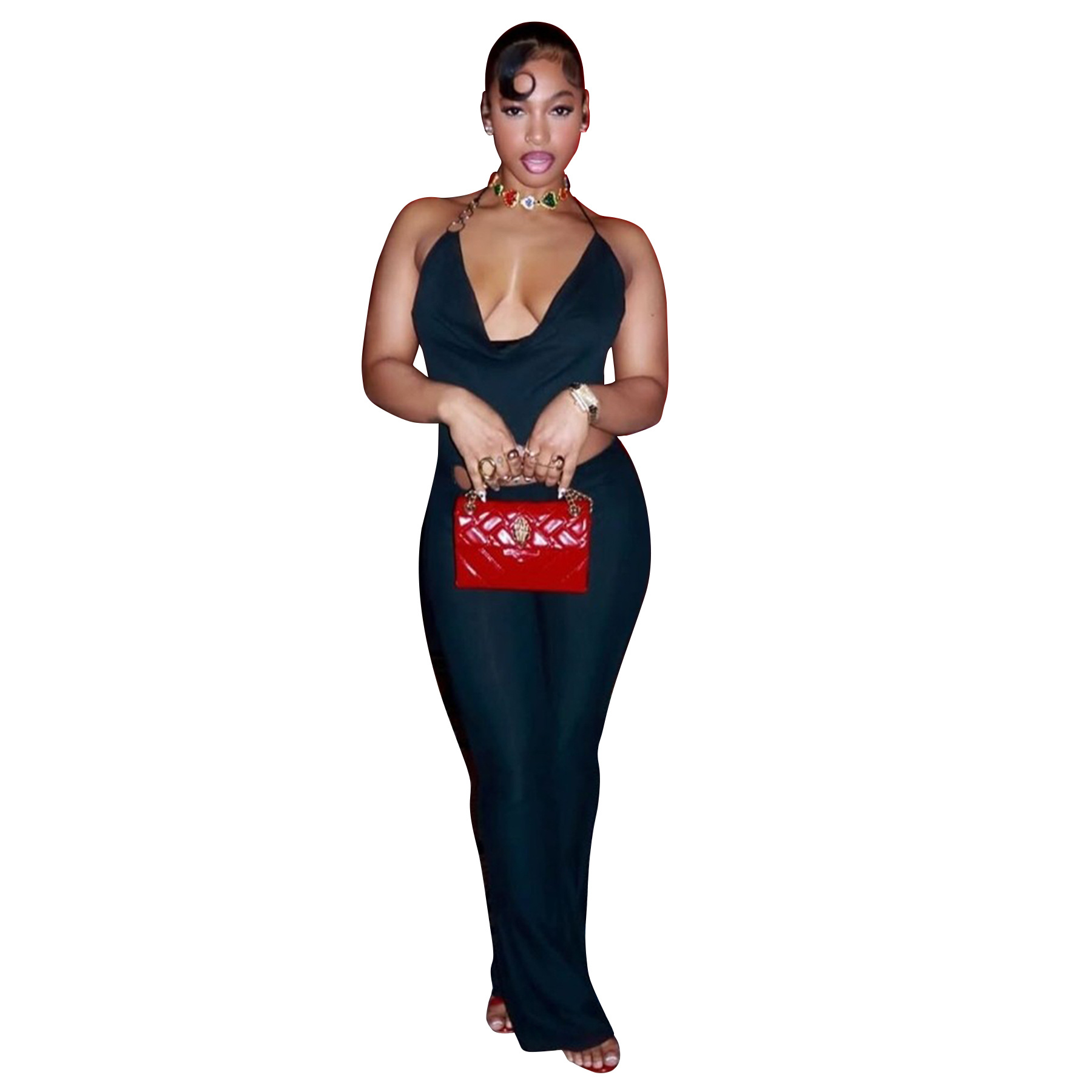 Women’s Circle-Embellished Halter Neck Open-Waist Jumpsuit