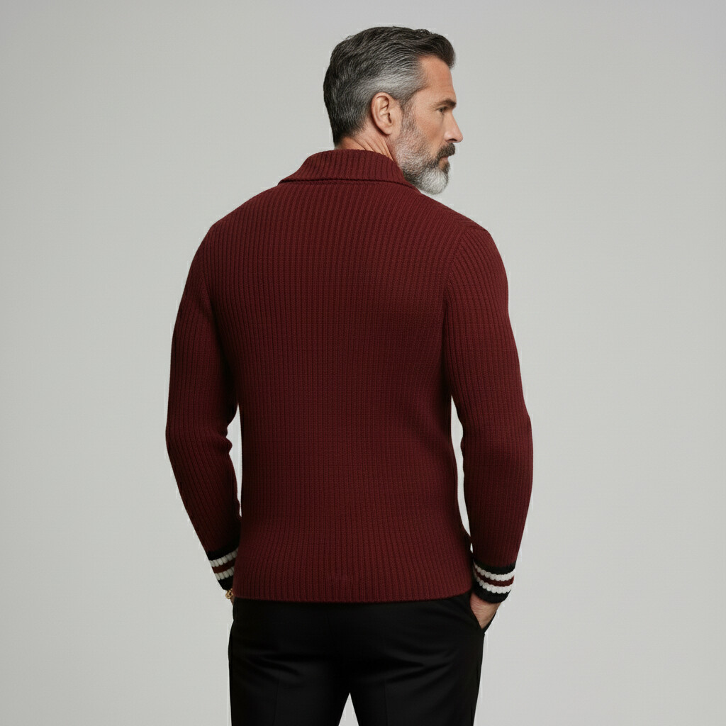 Men's Casual Burgundy Shirt Collar Asymmetric Button Contrast Cuffs Long Sleeve Knit Cardigans