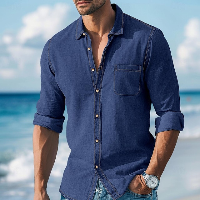 Men's Retro Turndown Collar Button Denim Long Sleeve Shirt