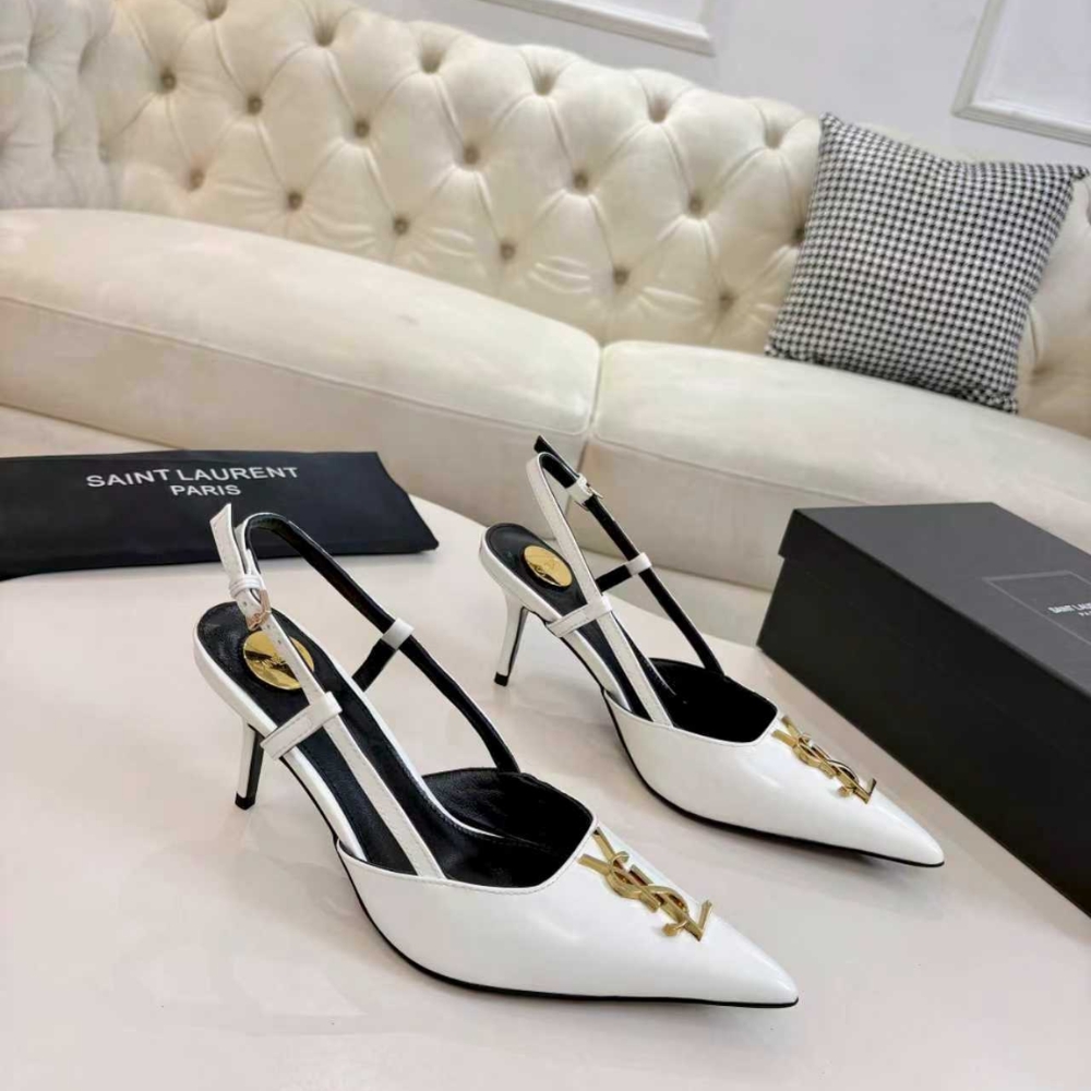 Saint Laurent Pointed Toe Slingback Pumps With Gold Tone Metal White