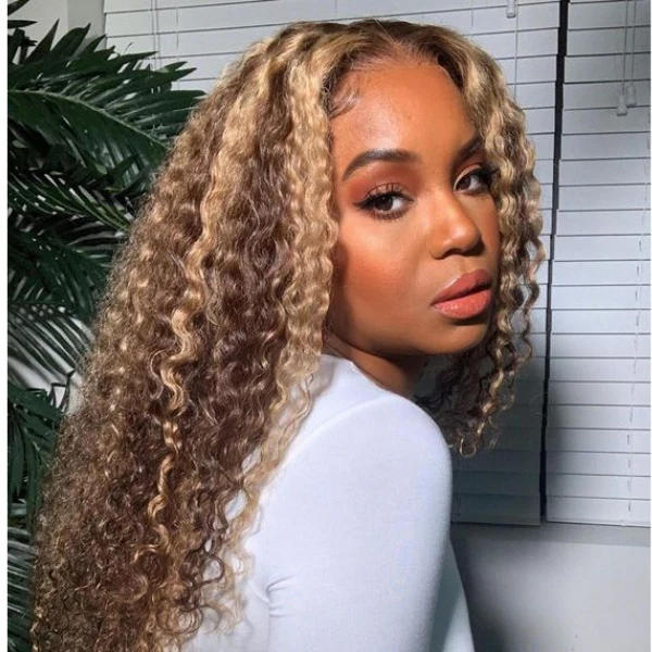 Megalook Bogo Free 13x4 Lace Front Highlight 4/27 Honey Blonde Body/Deep Wave 100% Human Hair Wig