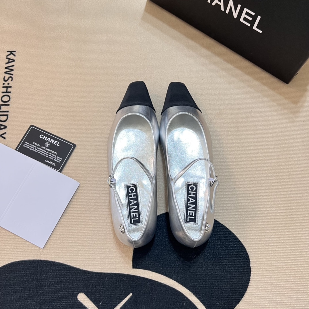 Chanel Square Toe Ballet Flats Black Silver