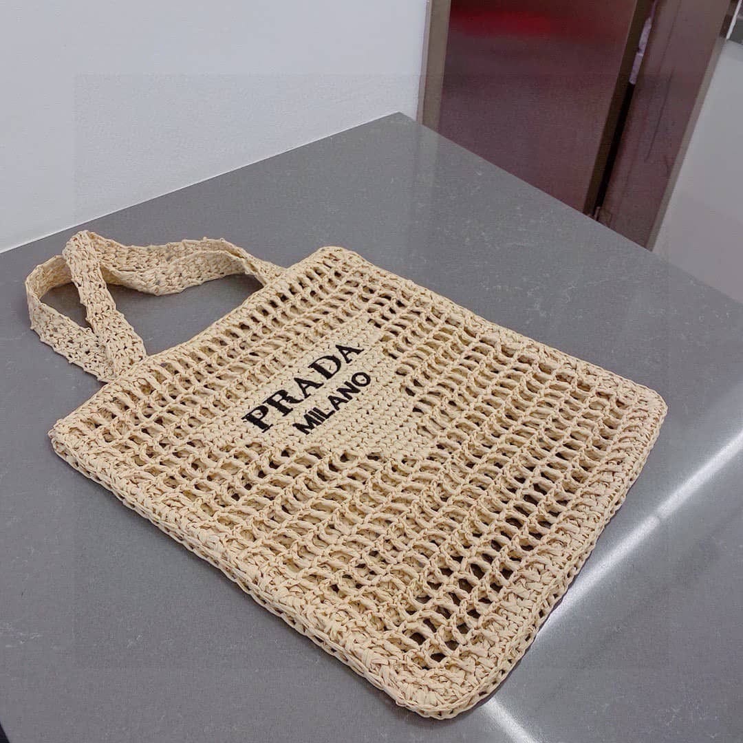 Prada Natural Logo Crochet Tote Bag