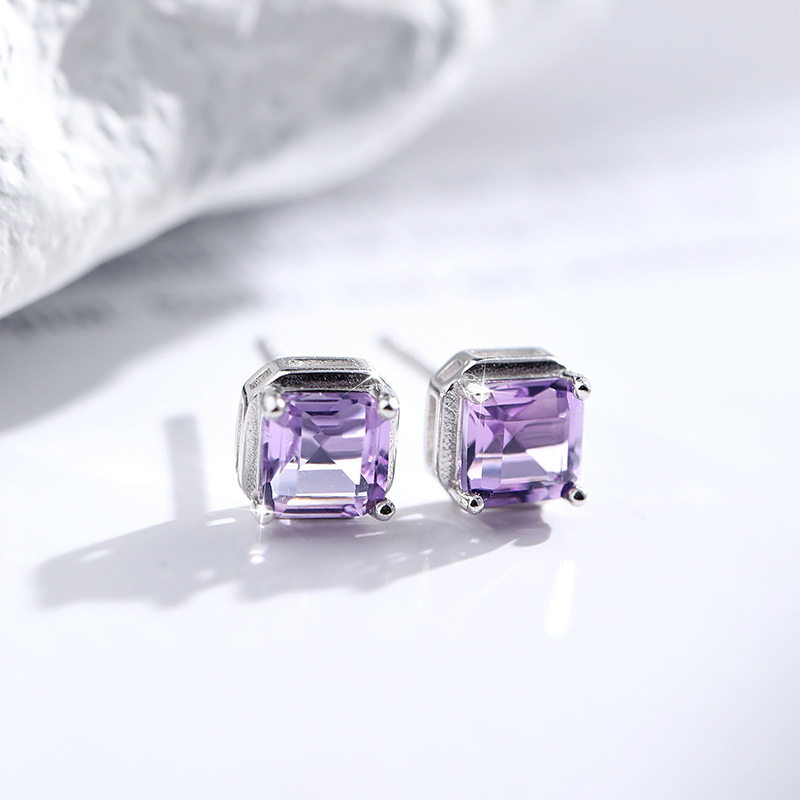 GemVibra Square Sugar Stud Earrings, S925 Silver with Natural Multi-Gem Variants