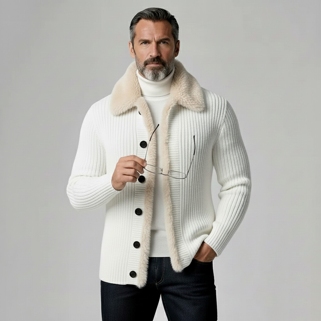 Men's White Plush Trim Turndown Collar Long Sleeve Button Ribbed Knit Cardigan