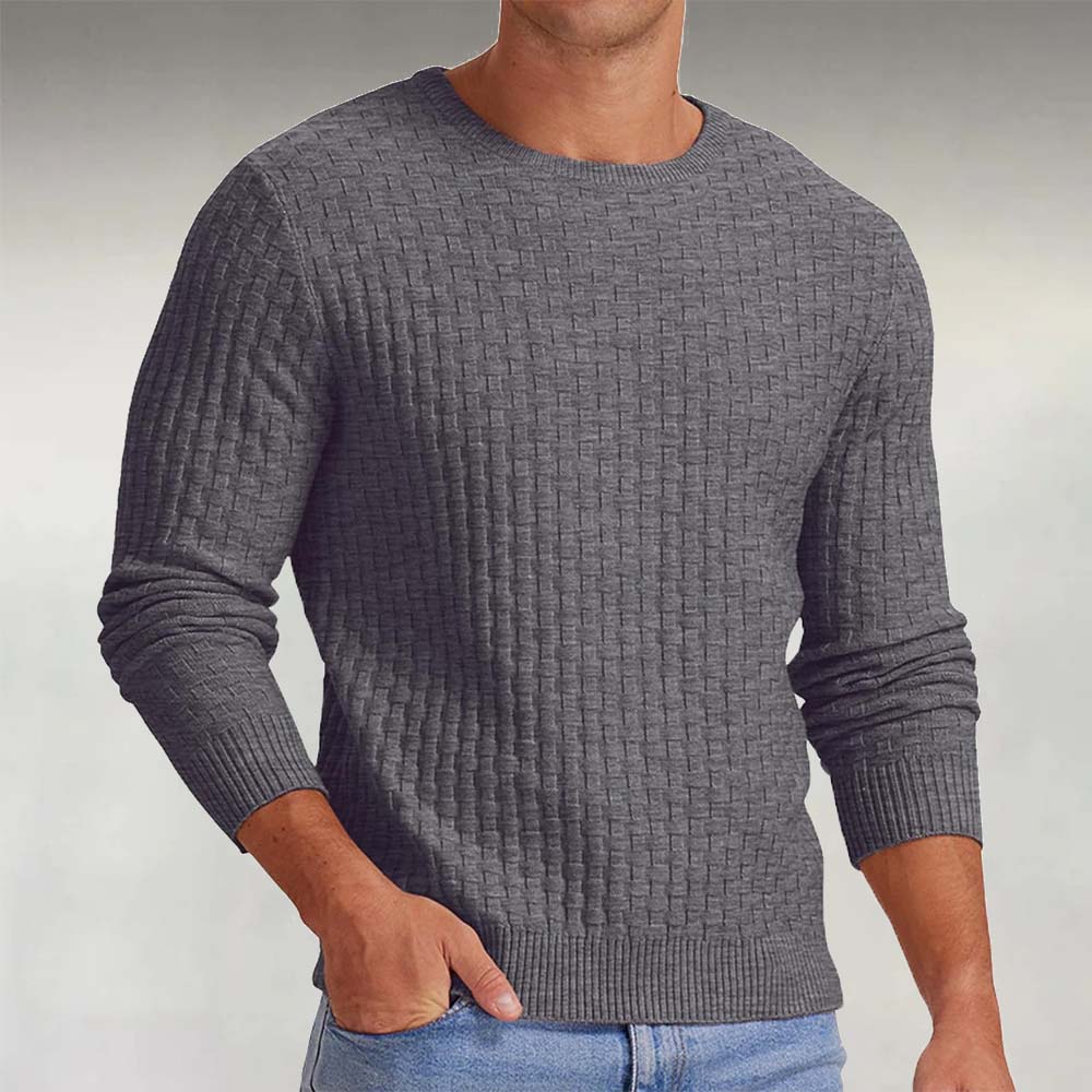 Men's Solid Waffle Round Neck Long Sleeve Knit Sweater
