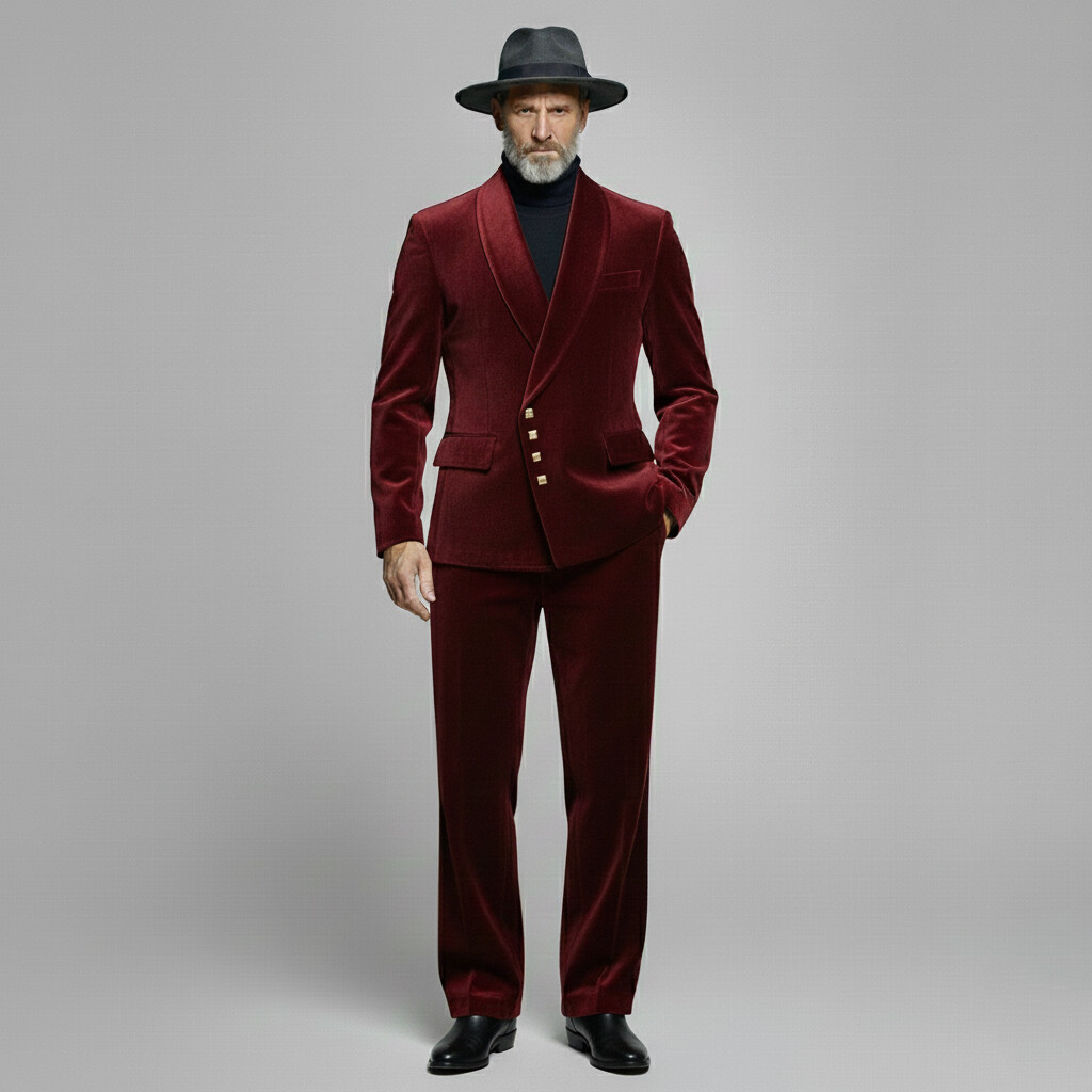 Men's Burgundy Shawl Lapel Business Velvet Long Sleeve Blazer & Pants 2Pcs Set