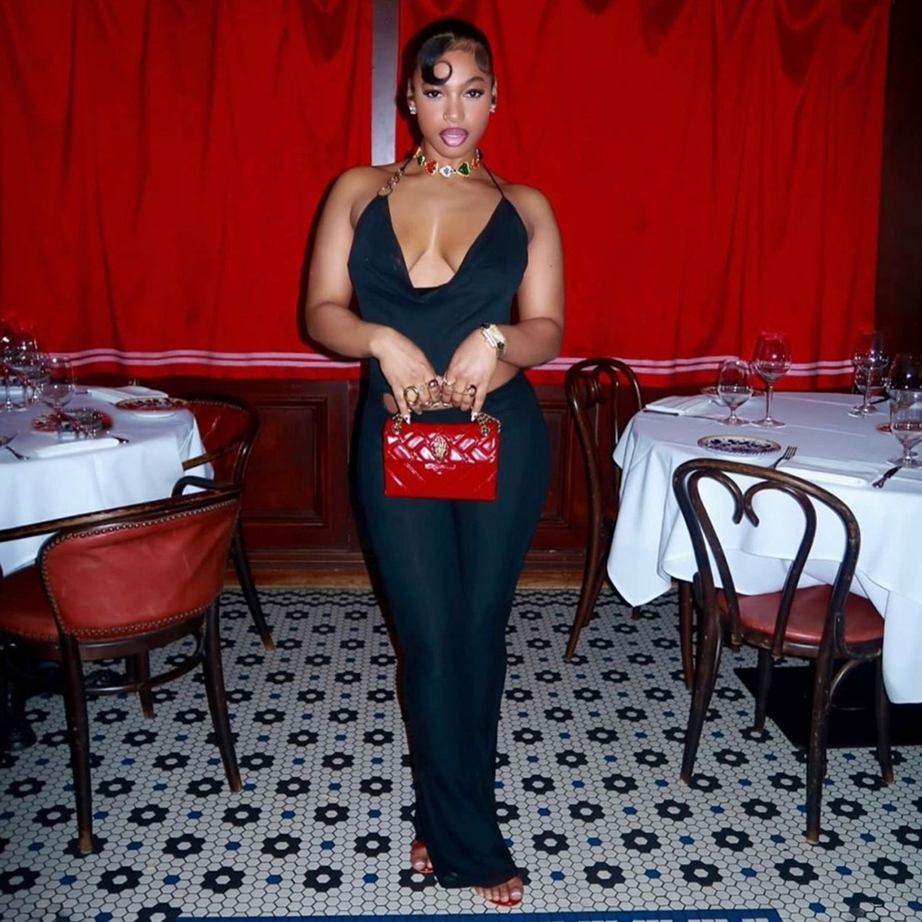 Women’s Circle-Embellished Halter Neck Open-Waist Jumpsuit