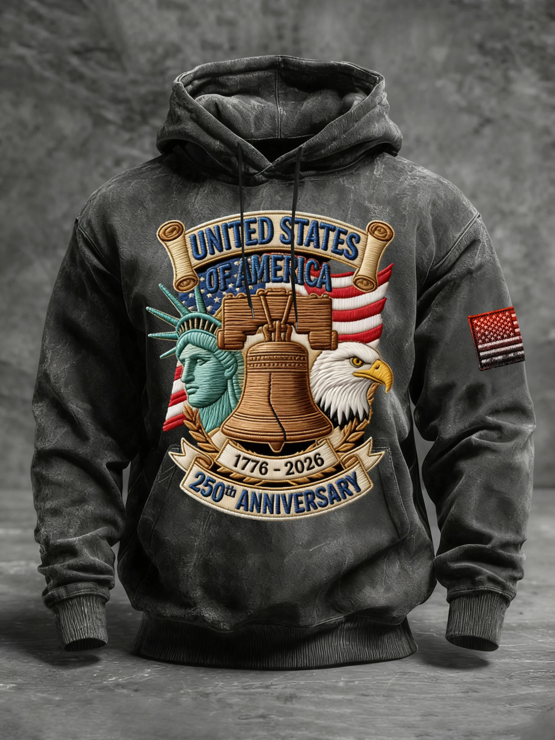 Men's Vintage American Flag Print Hooded Sweatshirt