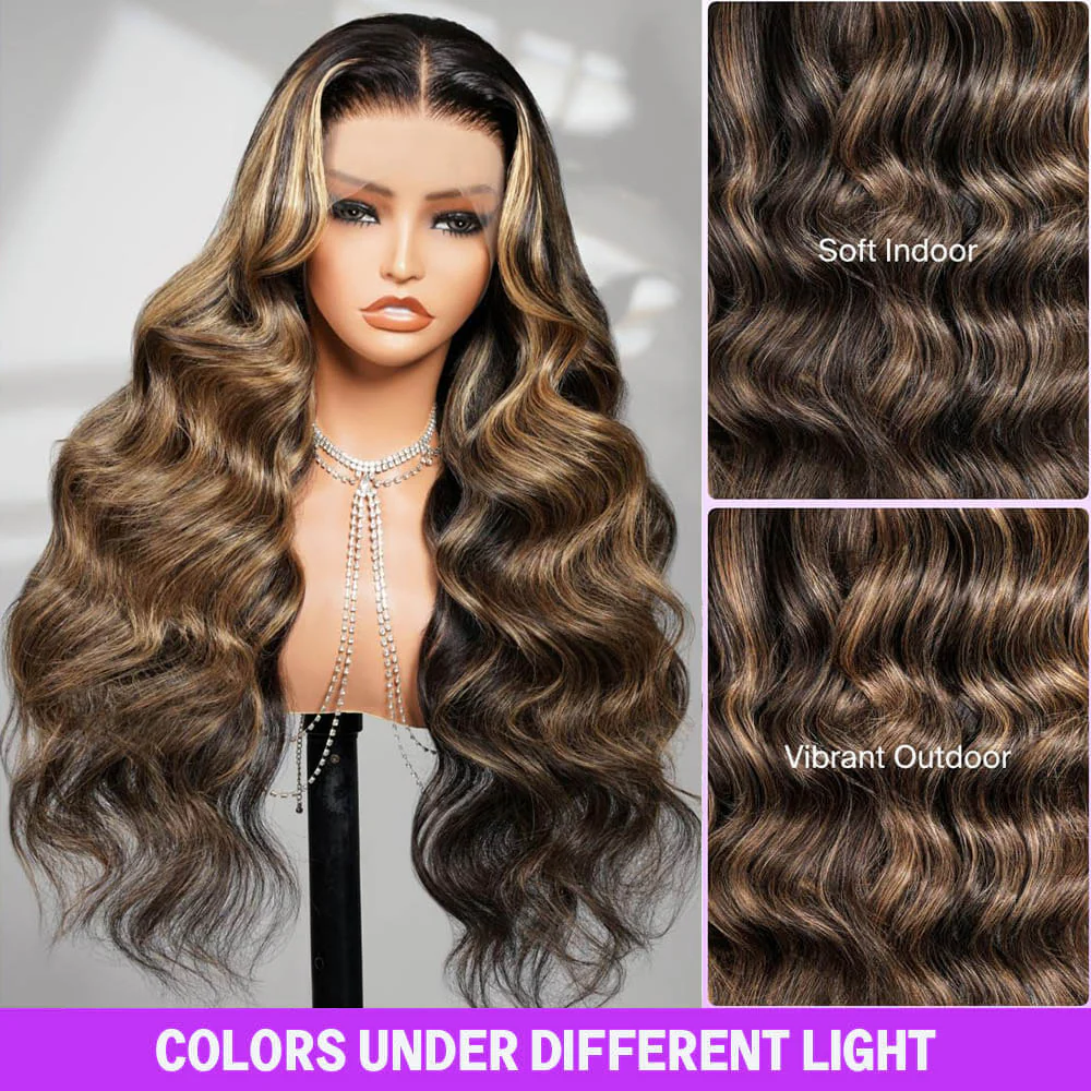 Megalook 13x4 Lace Frontal Balayage Body Wave Wig Invisible Knots Breathable Cap