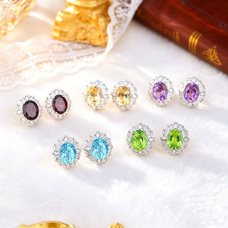 GemVibra Oval Halo Stud Earrings, S925 Silver with Multi-Gemstone & Rhinestone Accents