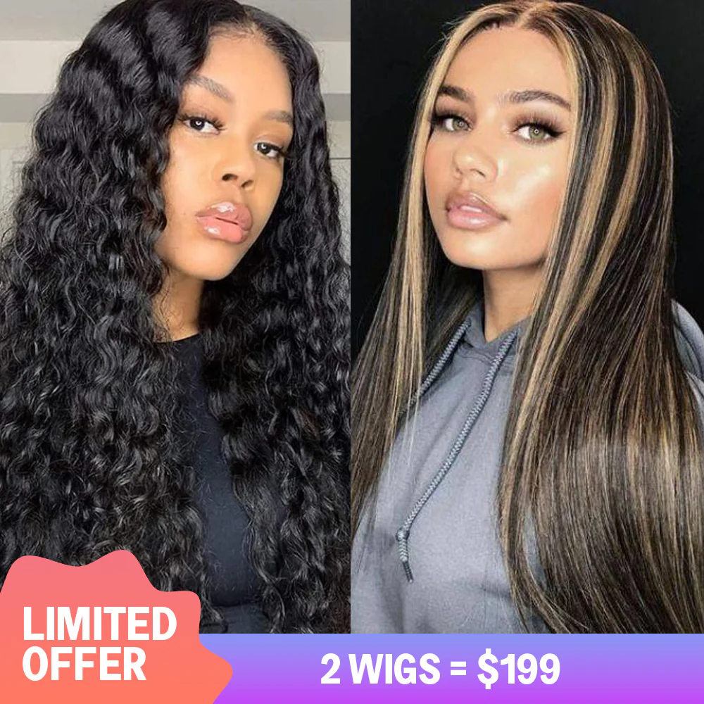 $199=2 Wigs | 20inch 5x6 Glueless HD Lace Balayage Straight  Plus 22inch Deep Wave 4x4 Lace Closure 180% Density