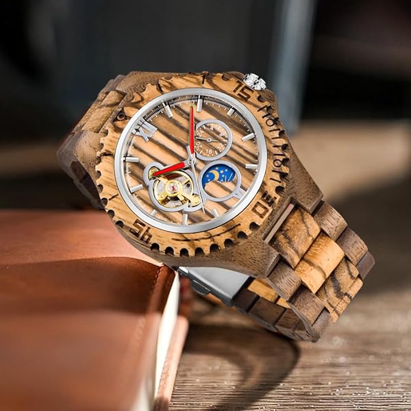 Men's Wooden Watch Triangle Skeleton Automatic Watch Mechanical Wood Watches for Men Brown3
