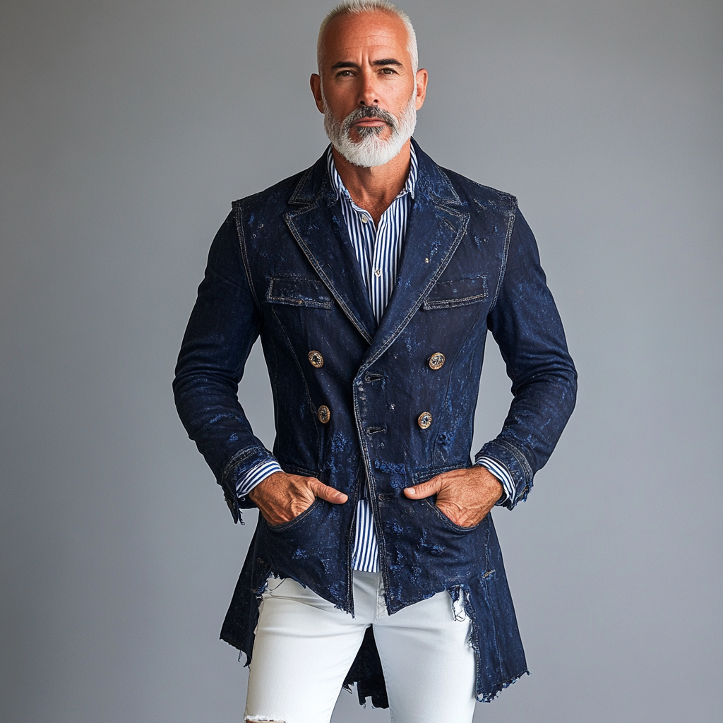 Men's Denim Lapel Collar Buttons Pockets Asymmetric Hem Jacket