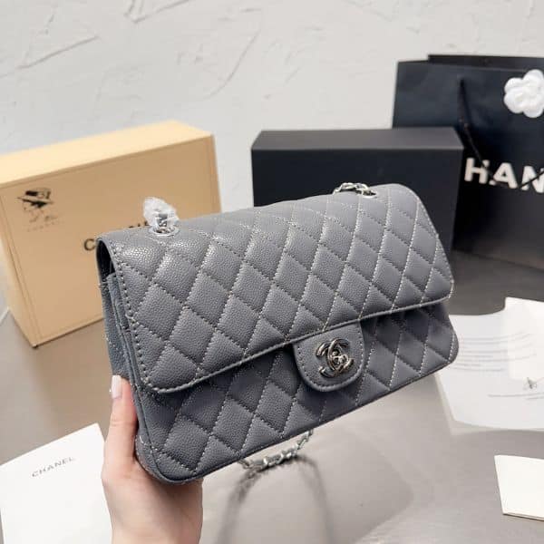 Chanel Medium Classic Flap Bag Silver Hardware Grey 25Cm