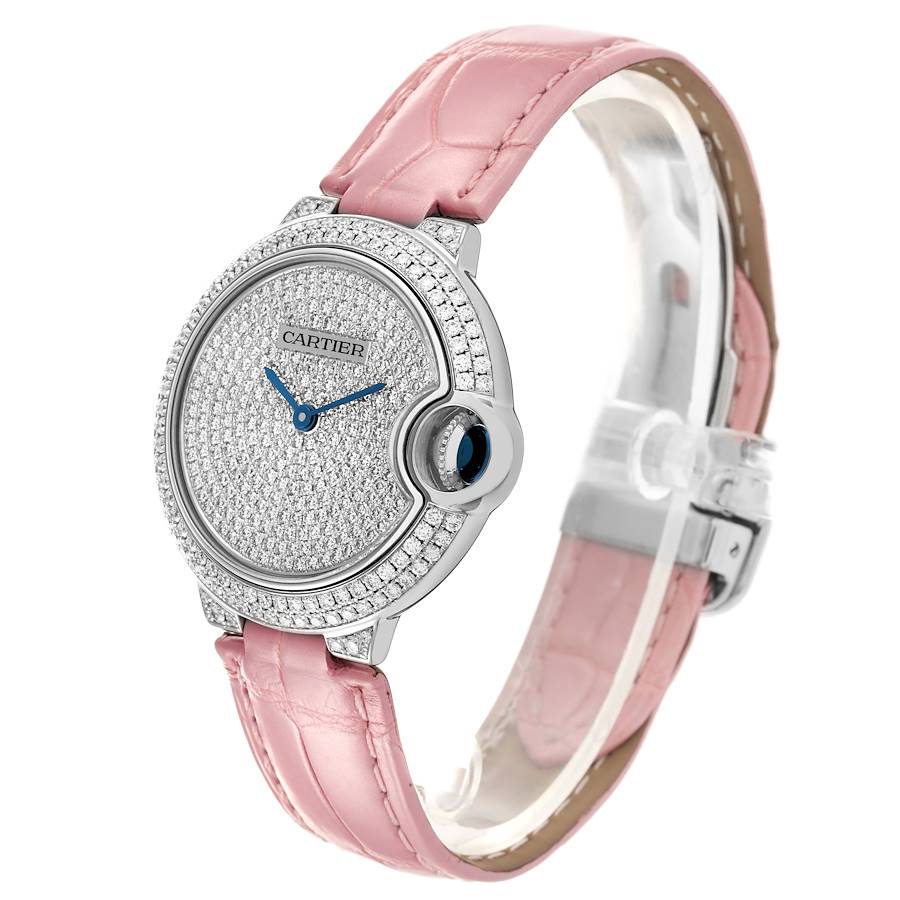 Cartier Ballon Bleu 33 White Gold Pave Diamond Ladies Watch WE902047