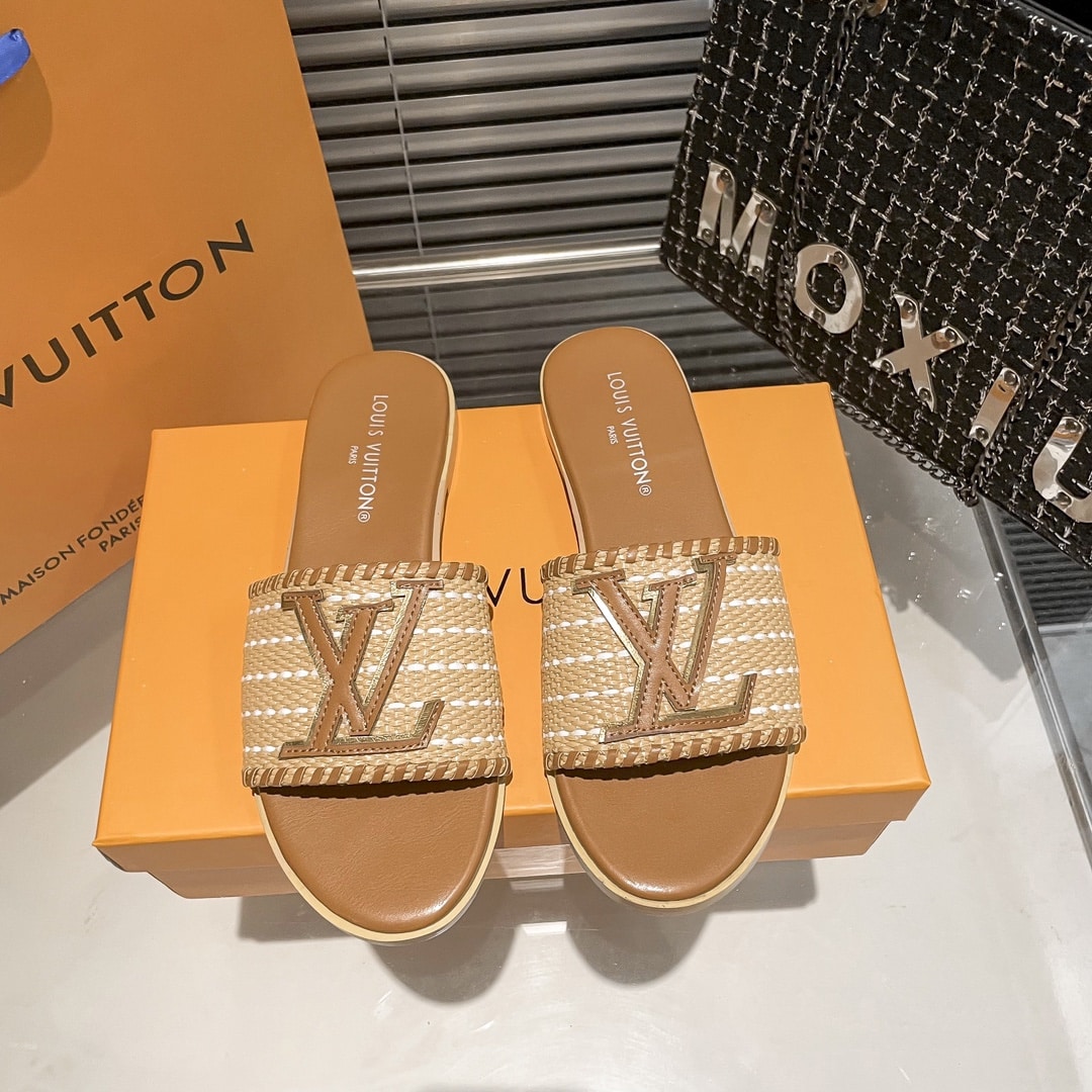 Louis Vuitton Lock It Flat Raffia Mules Brown