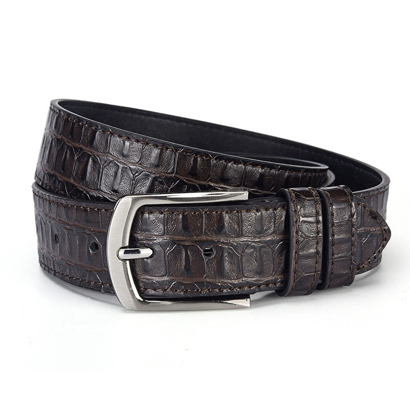 Men's Fashion Brown PU Leather Crocodile Embossed Silver Buckle Belt