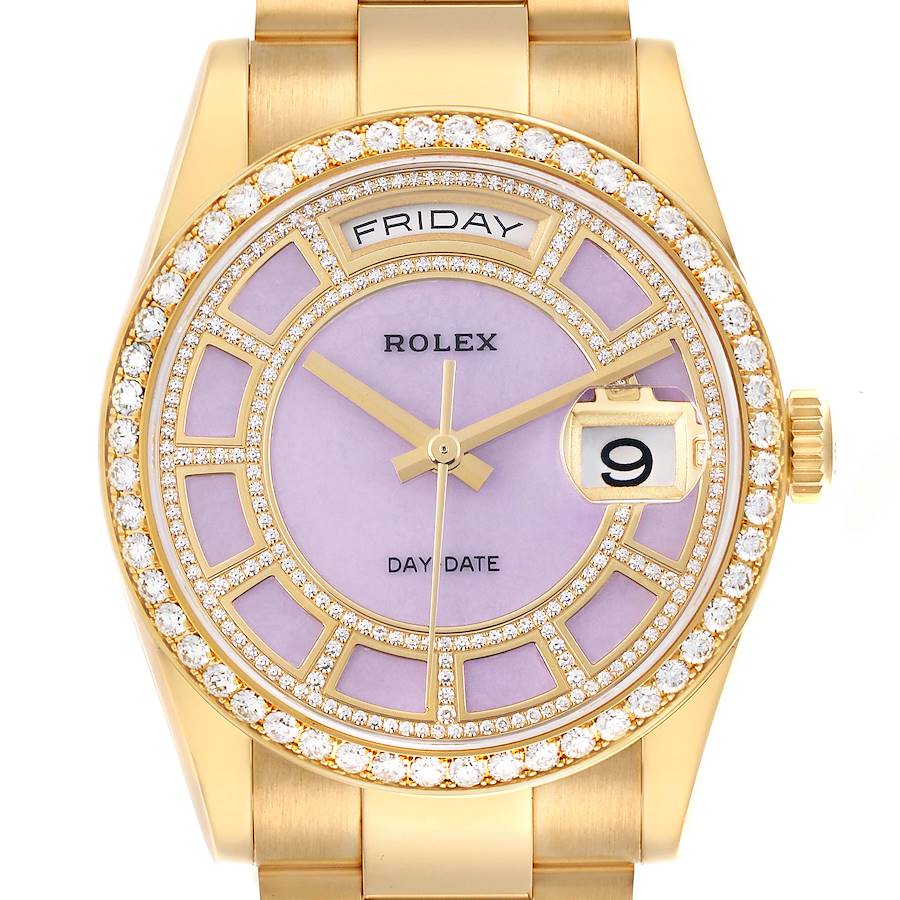 Rolex President Day-Date Yellow Gold Carousel Lilac Jade Diamond Mens Watch 118348