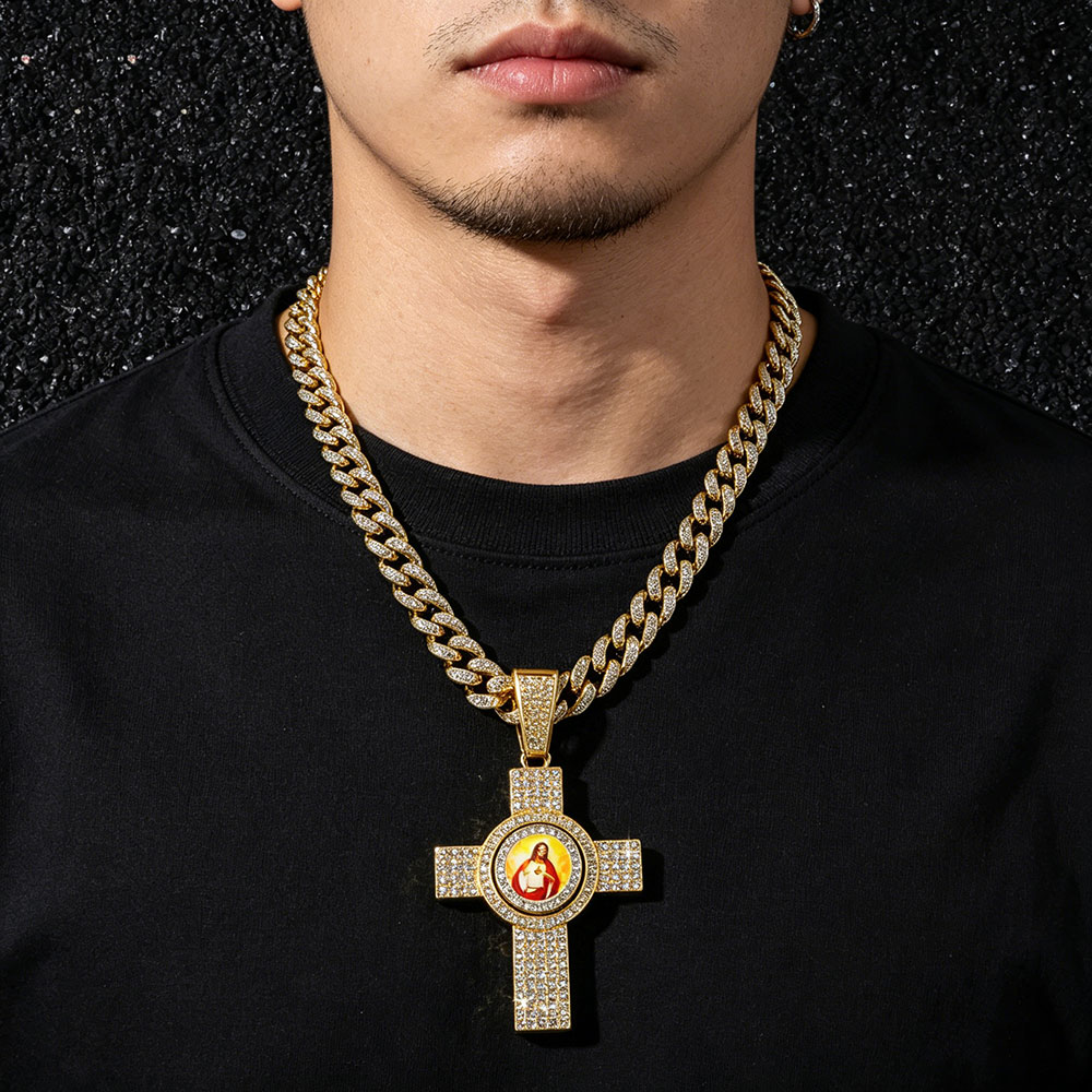 Rotatable Sacred Heart Jesus Cross Cuban Link Necklace ✨ Divine Protection & Spiritual Redemption Talisman