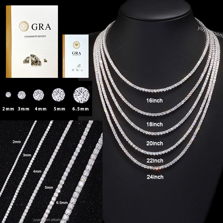 Ready to ship 925 Silver with GRA Moissanite Diamond 2mm--6.5mm VVS Diamond Women/Men Necklace/Bracelet Tennis Chain