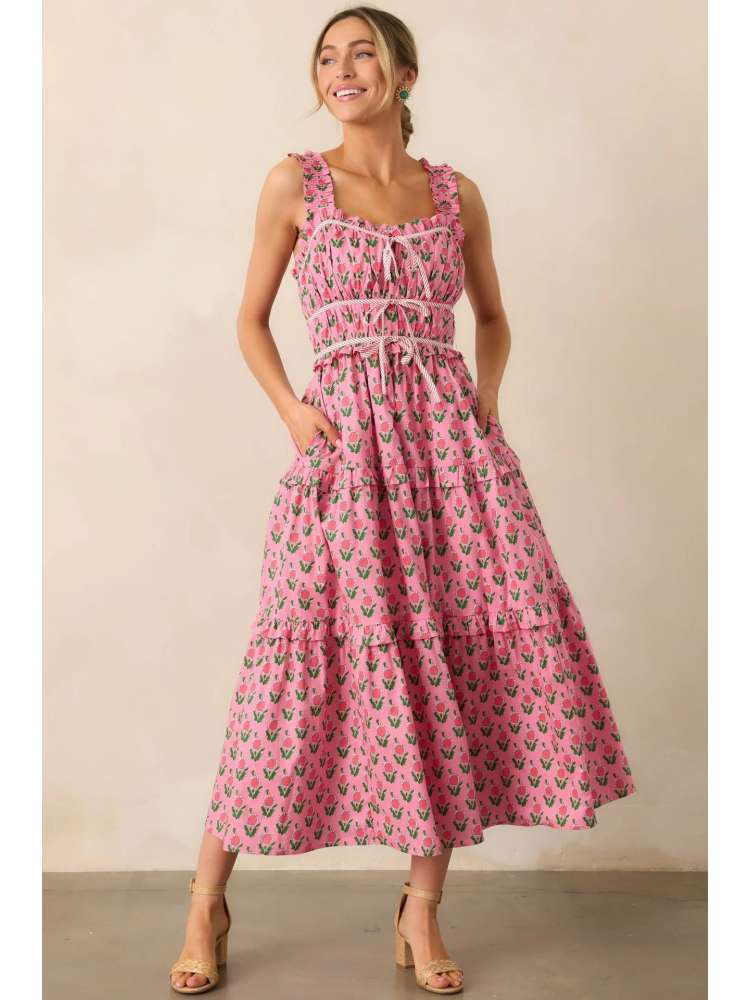 Smocking Disty Floral Printed Sleeveless Maxi Dress