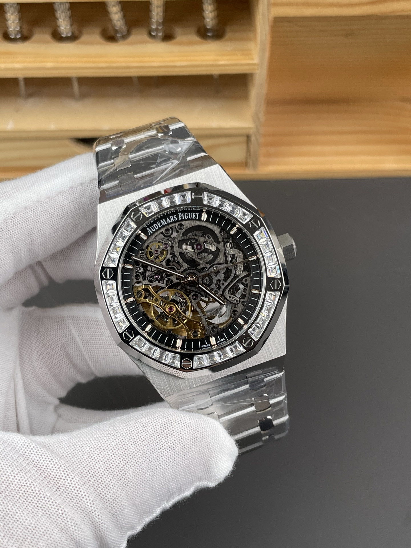 Royal Oak 15412 Square Diamond Bezel White Skeleton