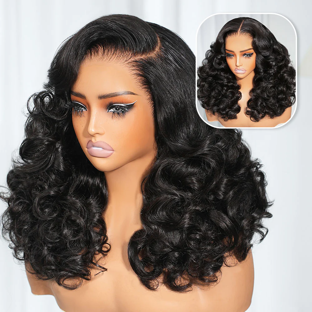 Megalook 13x6 Three-Go™ Glueless Bouncy Curl Wig With Drawstring Natural Black 100% Human Hair Wig