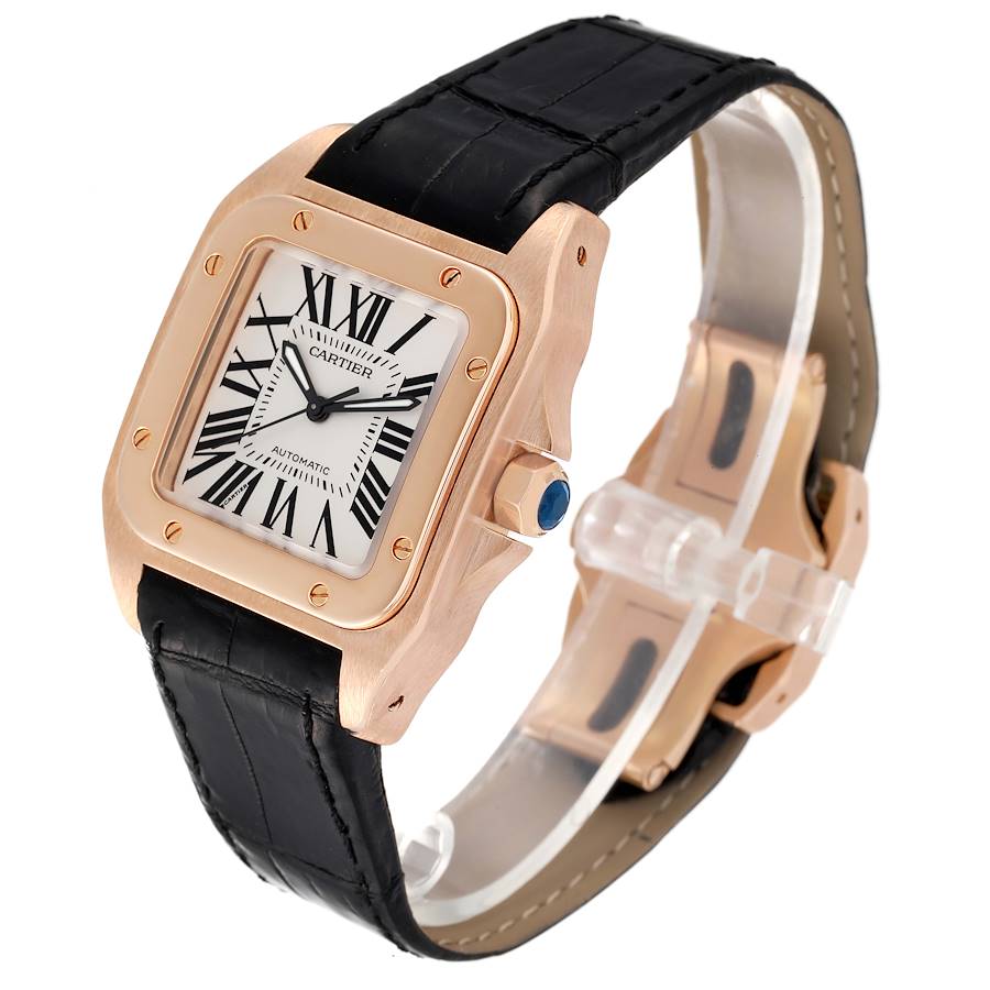 Cartier Santos 100 Midsize Rose Gold Silver Dial Mens Watch W20108Y1