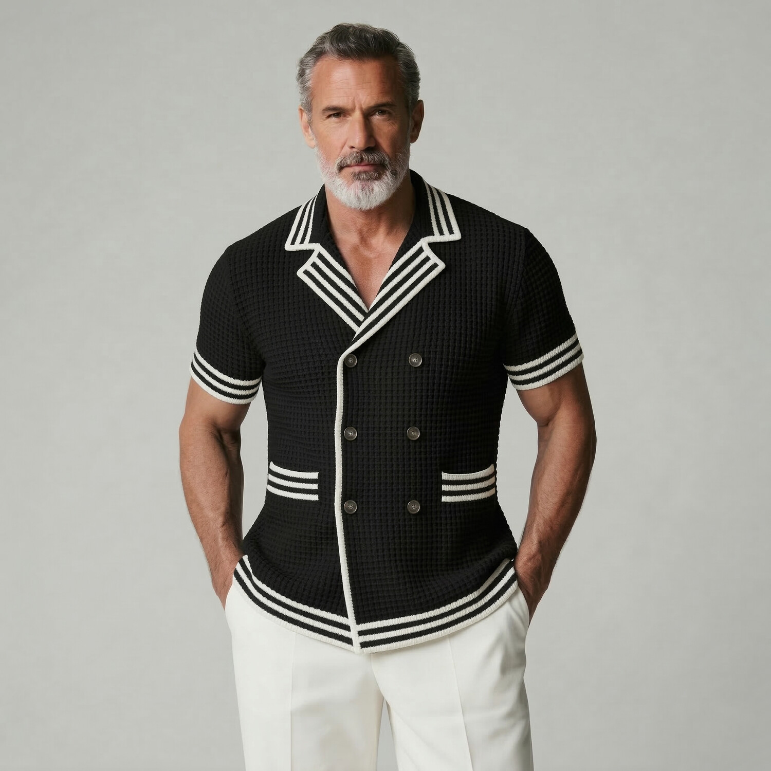 Men's Waffle Texture Striped Trim Patchwork Notch Lapel Double Breasted Short Sleeve Shirt