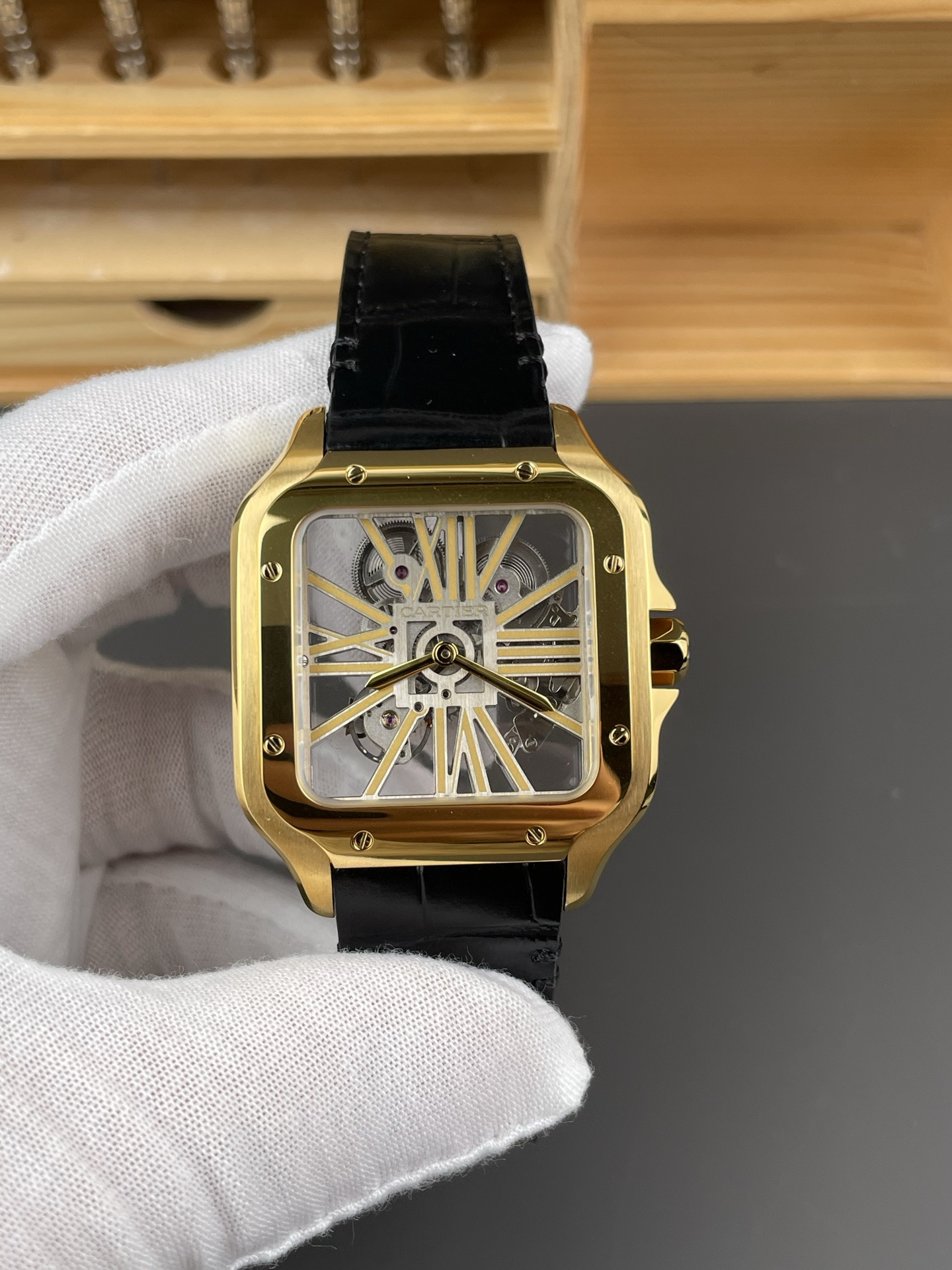 Santos Skeleton Series Leather Strap Gold Dial
