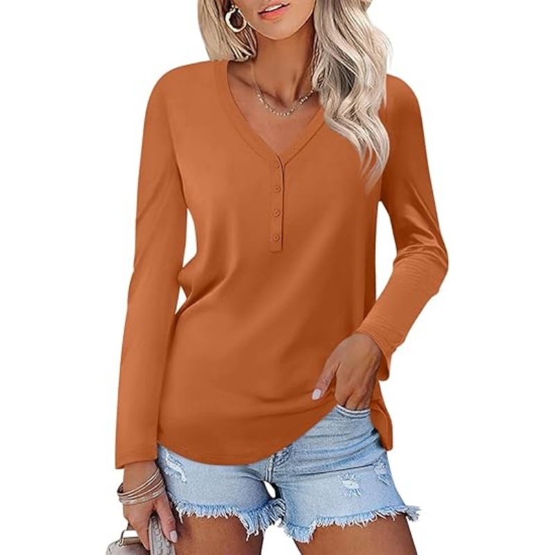 Women's Long Sleeve V‑Neck Henley Tops