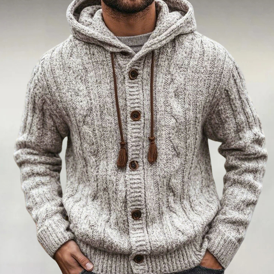 Men's Casual Gray Knitted Single Breasted Long Sleeve Hooded Sweater Coat