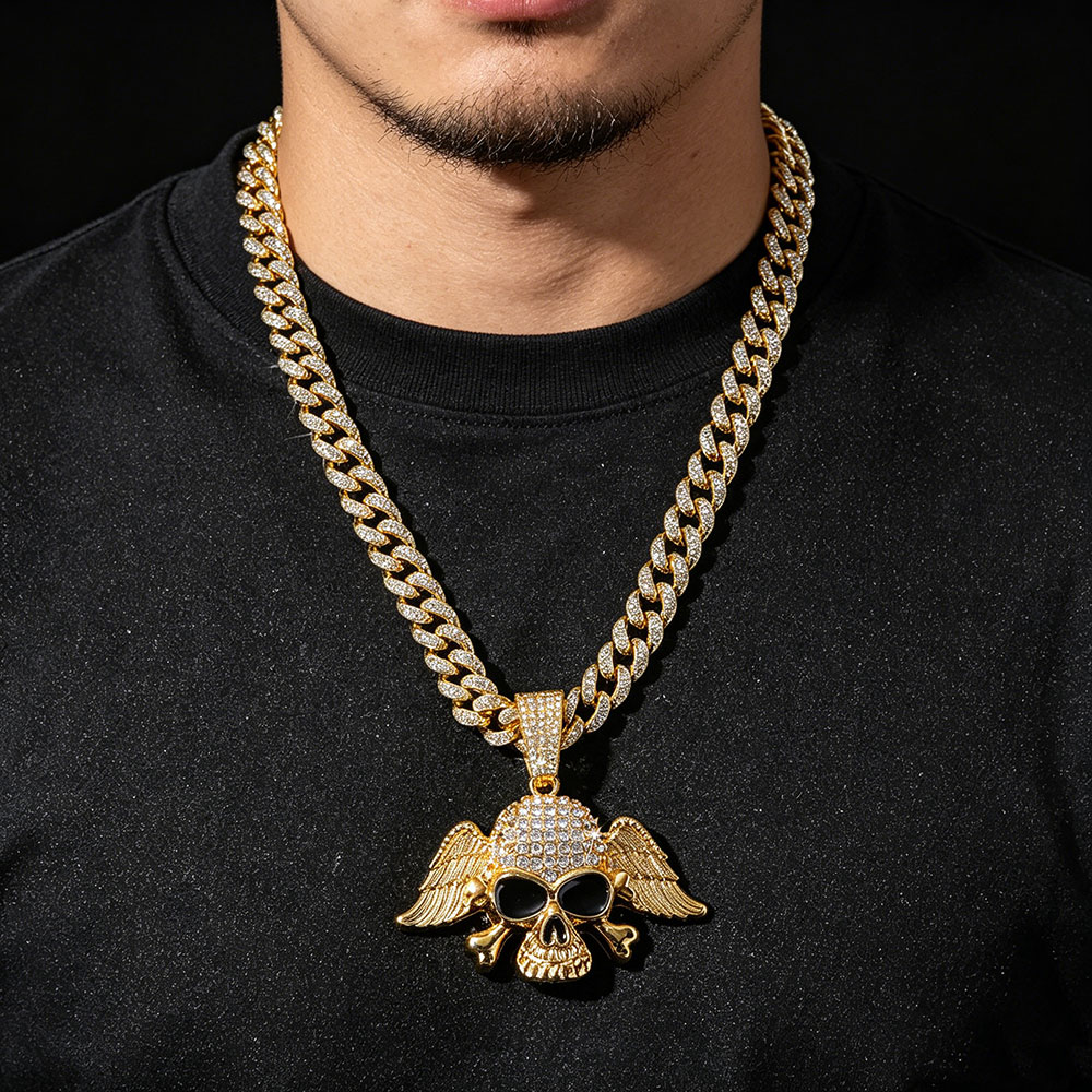 Winged Skull Talisman Necklace, 14K Gold/Silver Plated Cuban Chain, Protection & Shadow Work Energy