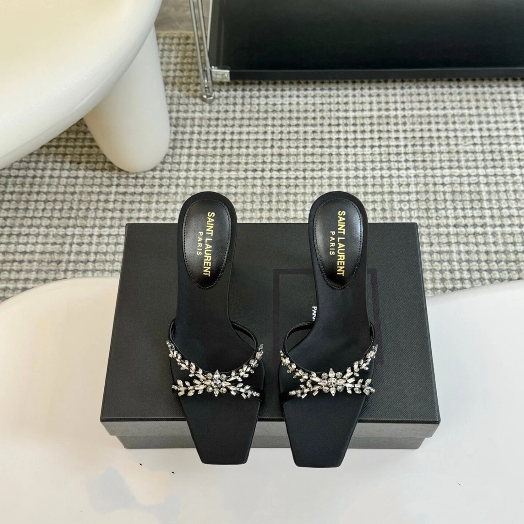 Saint Laurent Liz Mules In Satin And Rhinestones Black
