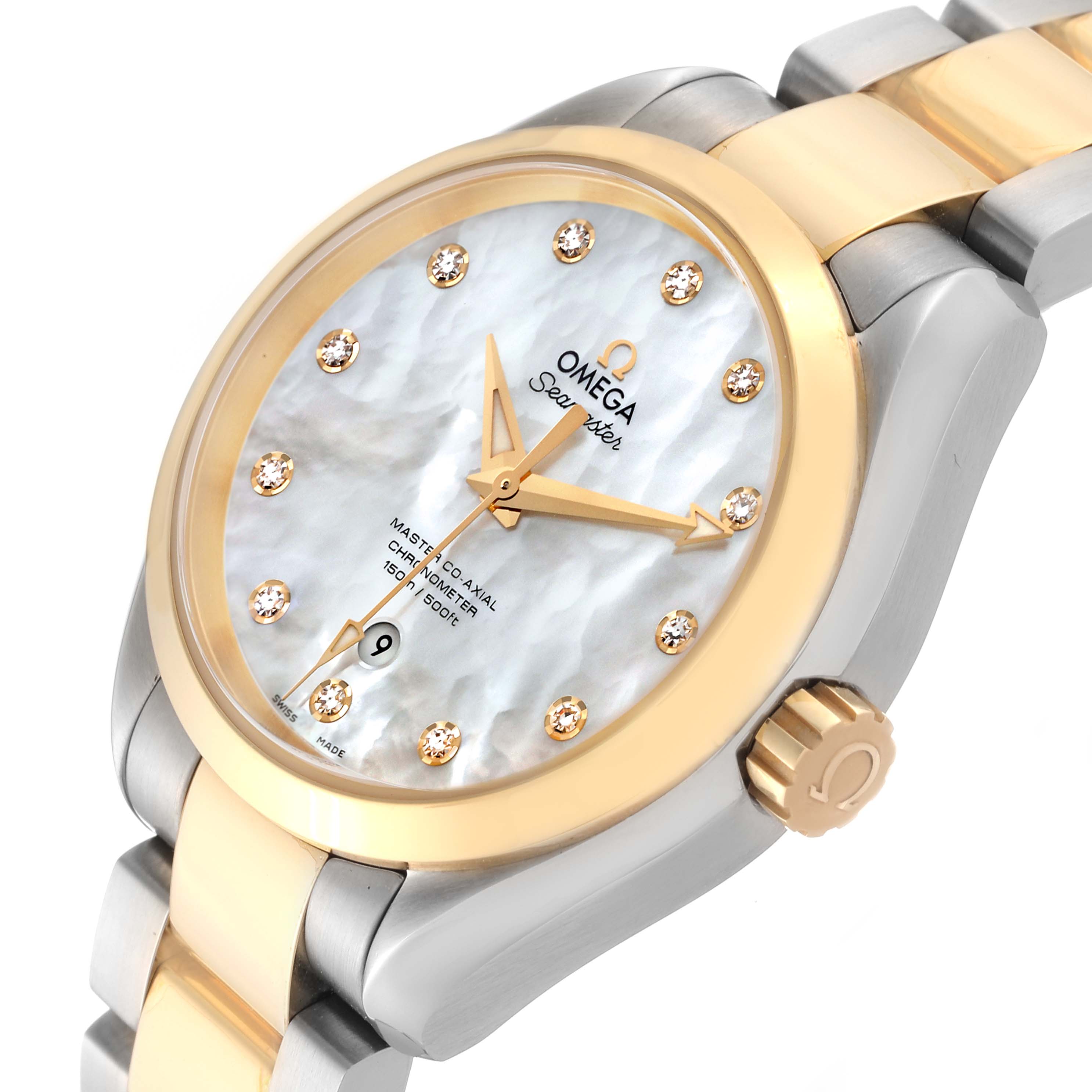 Omega Aqua Terra Steel Yellow Gold Mother of Pearl Diamond Dial Ladies Watch 34.0 MM 231.20.34.20.55.002