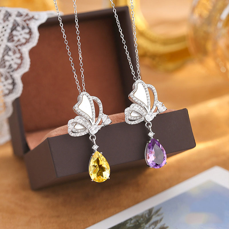 GemVibra Butterfly Pendant Necklace in 925 Silver with Gemstone Drop